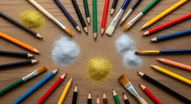 A set of colored pencils and a paintbrush on a white background, representing art, education, and creativity