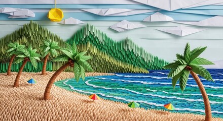 Tropical Beach Paradise with Palm Trees and Mountains Quilling Art.