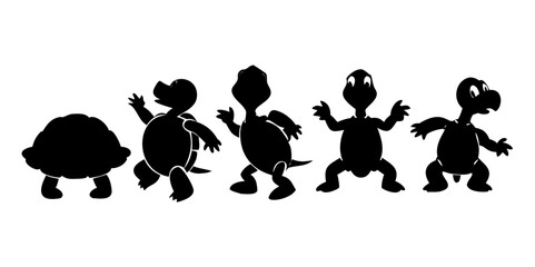 Collection of diverse black turtle silhouettes showcasing various poses and limb positions against a white background
