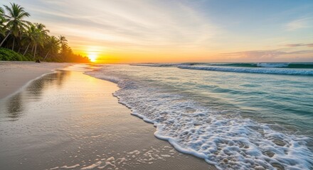Tropical Beach Sunset with Palm Trees and Ocean Waves.