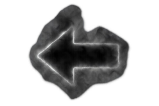 Black smoky arrow with a bright outline pointing left. Concept of previous direction, back, loading, return, or navigation icon