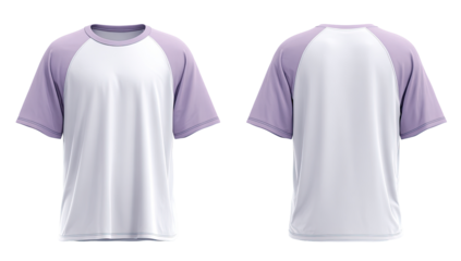 Front and back view of a light purple raglan sleeve t-shirt