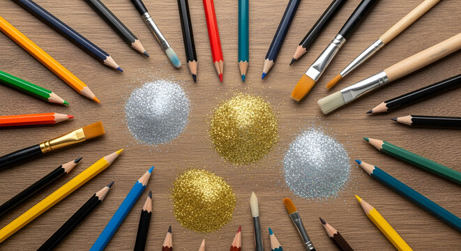 A colorful set of drawing tools including wooden pencils, pens, and paint brushes for art or school