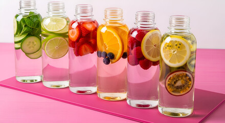 Vibrant green and yellow liquid cocktail drink in a transparent glass with lime and lemon slices, isolated on white