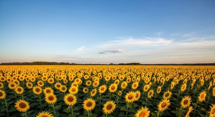 Vast Sunflower Field Under a Clear Blue Sky at Sunset.