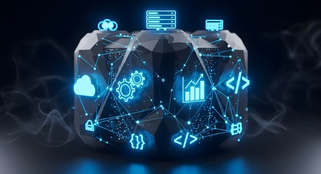 A digital cube symbolizing cloud technology, data management, and software development tools