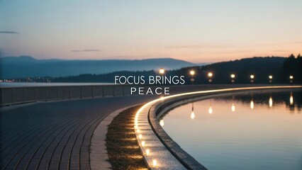 Serene waterfront pathway illuminated by soft lights during twilight, conveying tranquility and calmness in a peaceful setting