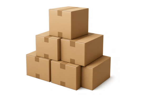 Cardboard shipping boxes stacked in a pyramid, representing delivery, logistics, and moving goods on a transparent background