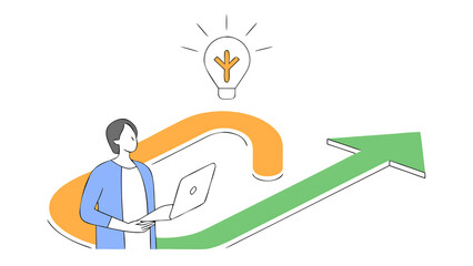 Man with laptop looking at light bulb, idea