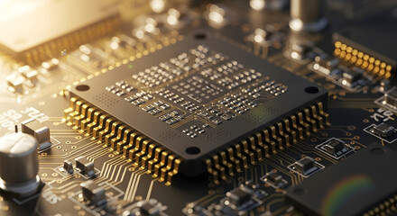 Macro Close-Up of Microchip on Circuit Board