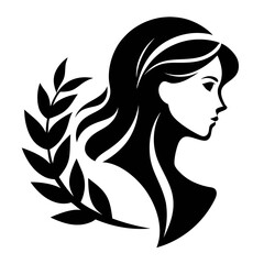 A woman profile with flowing hair and a laurel branch black and white vector on white background.