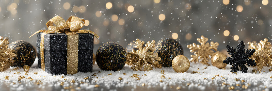Christmas banner. Background Xmas design of sparkling lights garland, with realistic gifts box, black snowflake and glitter gold confetti. Horizontal christmas poster, greeting cards, headers, website