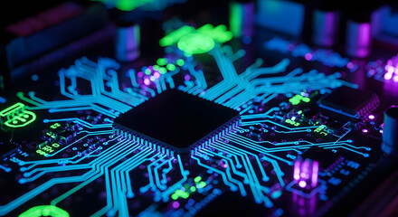 Neon-Lit Circuit Board Close-Up