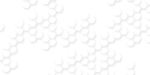 White surface with hexagonal shapes showing on the right side,  geometric hexagonal honeycomb shape texture, geometric polygon science biology background.