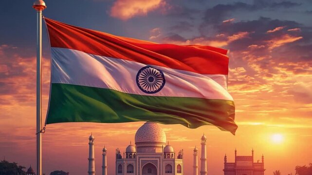 Indian Flag Waving Over Monument at Sunrise for Republic Day