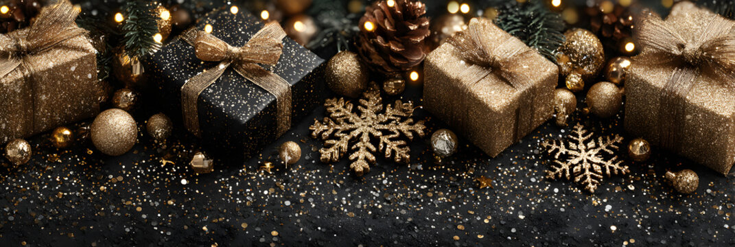 Christmas banner. Background Xmas design of sparkling lights garland, with realistic gifts box, black snowflake and glitter gold confetti. Horizontal christmas poster, greeting cards, headers, website - Powered by Adobe