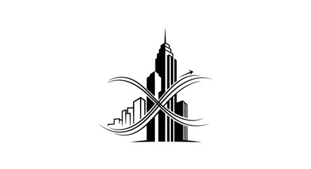 Fototapeta premium Elegant real estate corporate logo vector, black and white skyscraper silhouette integrated with abstract line art