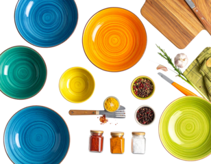 Colorful Contemporary Kitchen Accessories Set, isolated on a transparent background PNG
