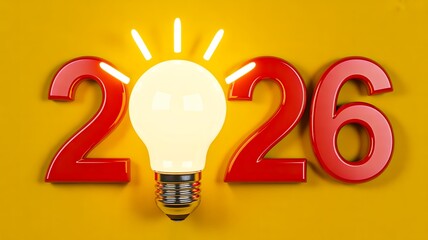 Creative 2026 new year concept with glowing light bulb on yellow background