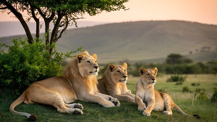 Majestic male lion with lioness and cub resting under a tree in the african savanna at sunset