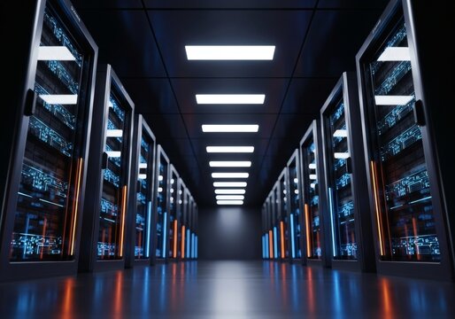 Vast server farm architecture with illuminated racks, central to cloud computing and the intricate web of modern digital data storage and information technology
