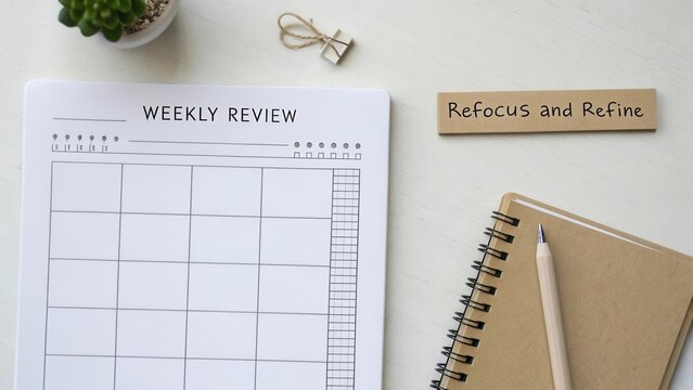 Weekly Review Planning Guide with Blank Calendar Template and Motivational Message for Productive Lifestyle