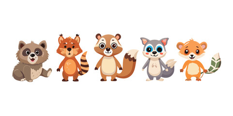 Diverse collection of cartoon animals illustrations featuring foxes, bears, raccoons, and more