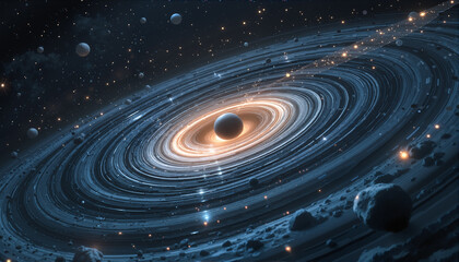 Obraz premium Planetary Orbit with Dynamic Star Trails