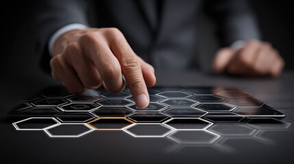 A close-up of a hand interacting with a digital interface featuring hexagonal patterns, suggesting advanced technology and innovative design.
