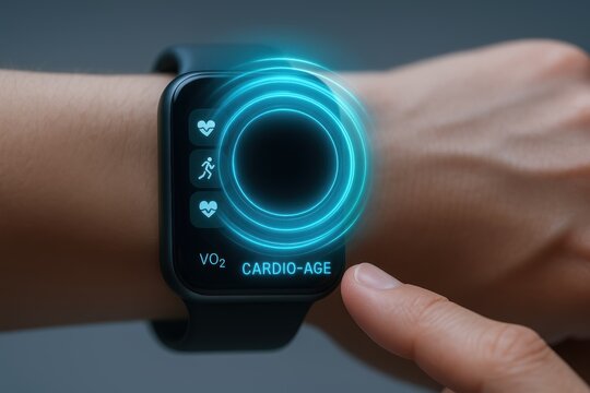 Longevity-Healthy Lifespan, Smartwatch on a wrist displaying VO2 and cardio age metrics with glowing circular HUD as a finger taps the touchscreen.