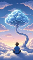 Surreal fantasy sky scene with boy sitting under glowing tree on clouds at sunset