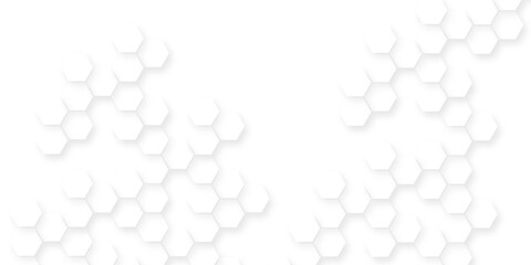 White surface with hexagonal shapes showing on the right side,  geometric hexagonal honeycomb shape texture, geometric polygon science biology background.
