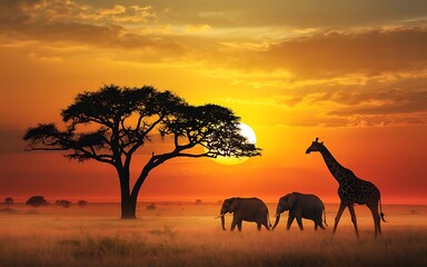 Majestic african savannah sunset silhouettes of elephants and giraffe under acacia tree