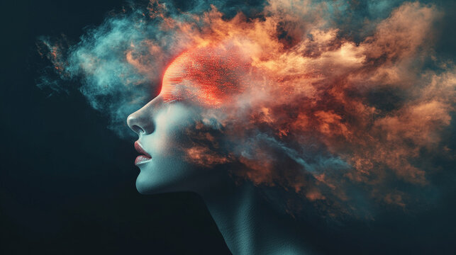 Thoughts dissolving into streams of neon particles with glowing trails and dynamic motion representing imagination, consciousness, digital mind, abstract energy, and futuristic visualization