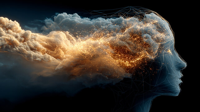 Thoughts dissolving into streams of neon particles with glowing trails and dynamic motion representing imagination, consciousness, digital mind, abstract energy, and futuristic visualization