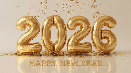 Celebrating Happy New Year 2026 with Gold Balloons and Confetti