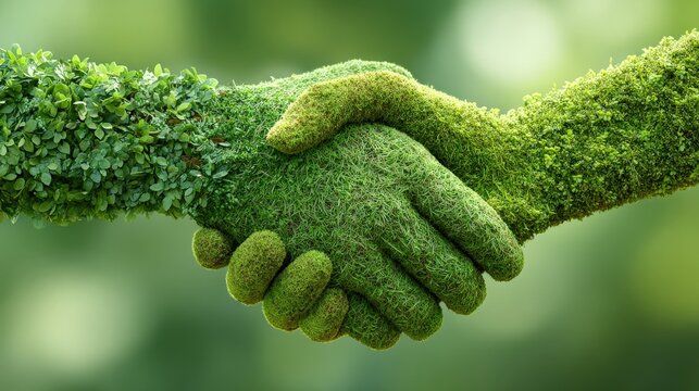 Two green hands made of leaves and grass shake hands, symbolizing cooperation and harmony with nature. - Powered by Adobe