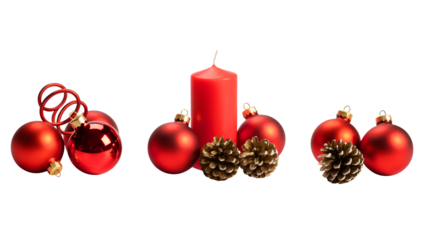 Festive red Christmas ornaments and pine cones create a warm holiday scene