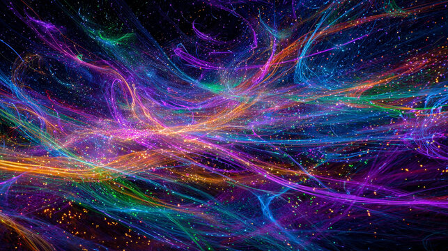 Thoughts dissolving into streams of neon particles with glowing trails and dynamic motion representing imagination, consciousness, digital mind, abstract energy, and futuristic visualization