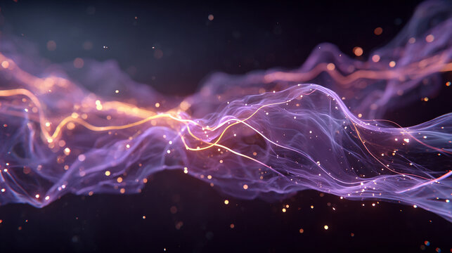 Thoughts dissolving into streams of neon particles with glowing trails and dynamic motion representing imagination, consciousness, digital mind, abstract energy, and futuristic visualization