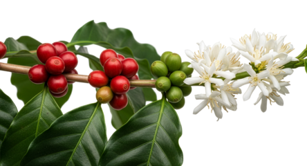 Coffee branch with flowers and ripe red coffee cherries isolated on transparent background