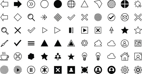 Collection of various black and white ui icons representing different symbols and shapes in a grid layout