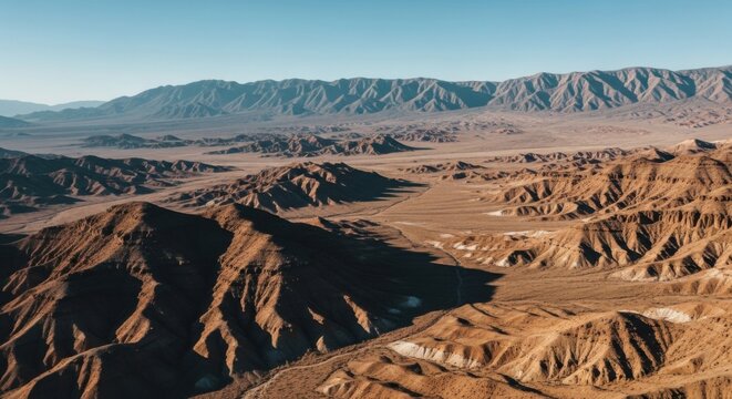 Vast arid desert landscape with dramatic eroded rock formations and distant mountains