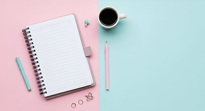 Coffee cup, pen, and blank notebook on a brown office desk, ready for business work or writing a message