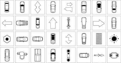 Aerial view of cars and directional icons arranged in a grid pattern on a white background