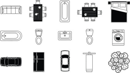 Overhead view of various household objects including furniture and appliances in black and white line art