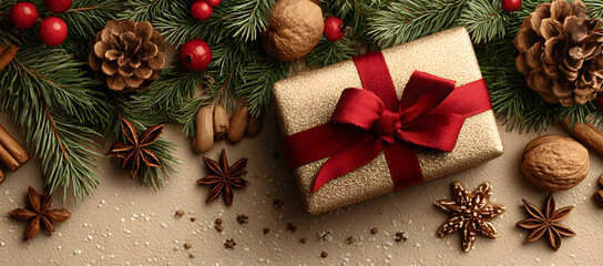Christmas decoration composition on light gold background with beautiful Golden gift box with red ribbon, fir branches, cones, stars, Christmas cookies,cinnamon, top view, copy space, banner format.
