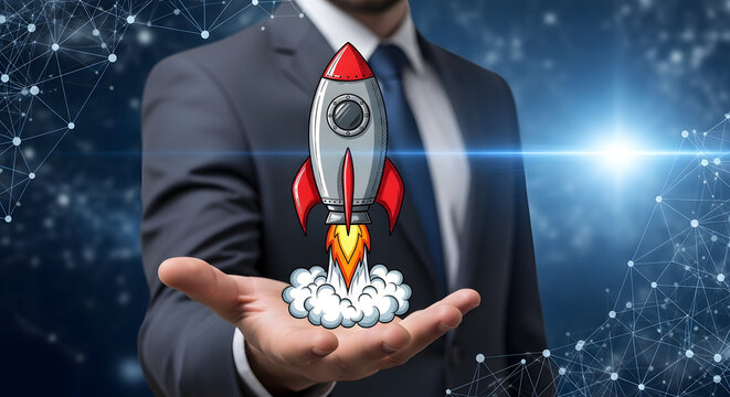 Confident businessman launching a new venture with innovative technology and global network connections, symbolizing future growth and success