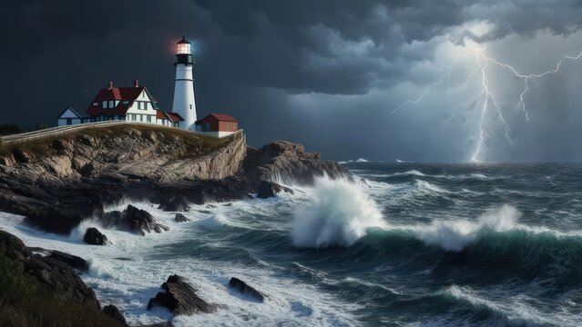 Lighthouse on rocky coast during thunderstorm