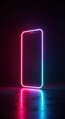 Glowing neon smartphone frame with pink and blue light on dark futuristic background
